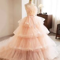 Pink Spaghetti Strap Tulle Long Ball Gown with Feathers - Thumbnail 1