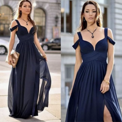 Navy blue prom dresses slit side off shoulder - Thumbnail 1