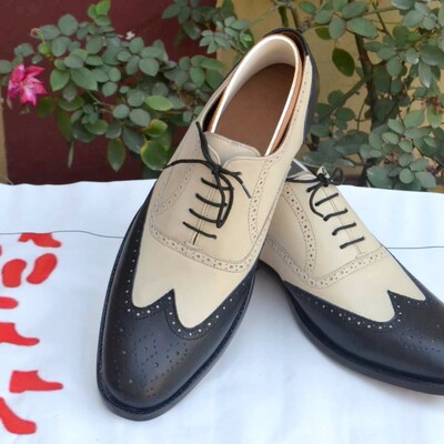Blue Beige Genuine Oxford Lace up Dress Wingtip Shoes For Men's