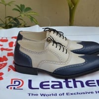 Blue Beige Genuine Oxford Lace up Dress Wingtip Shoes For Men's - Thumbnail 2