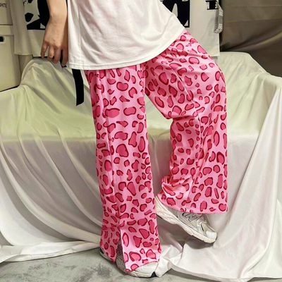 Retro pink leopard print split up pants
