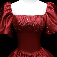 Burgundy Satin Beaded Long Princess Ball Gown Dress - Thumbnail 1