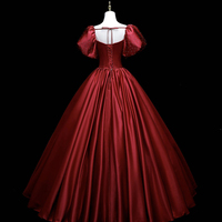 Burgundy Satin Beaded Long Princess Ball Gown Dress - Thumbnail 2