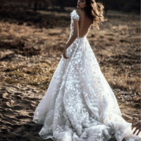 Cap Sleeves V Neck Wedding Dresses with 3D Flowers - Thumbnail 1