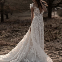 Cap Sleeves V Neck Wedding Dresses with 3D Flowers - Thumbnail 2