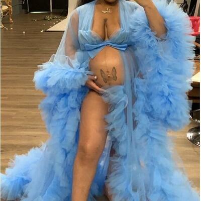 Ruffles kimono women dress light sky blue robe for photoshoot extra puffy sleeves prom gowns african cape cloak maternity dress,937