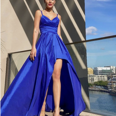 Prom dresses royal blue hi low spaghetti straps - Thumbnail 2