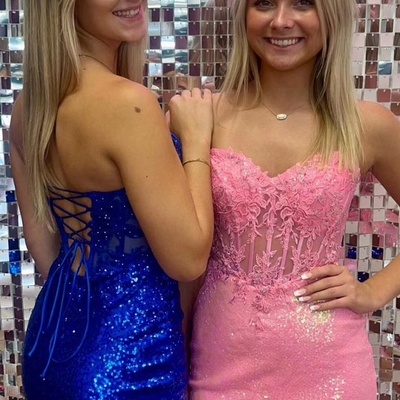 Bodycon homecoming dress sequin pink sweetheart corset with slit,947