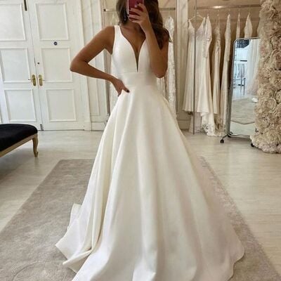 A line satin ivory wedding dresses plain v neck sleeveless dress,948 - Thumbnail 2