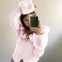 Pink Faux Fur Collar Long Sleeve Shirt  - Thumbnail 1