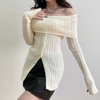 White Button Up Split Slash Neck Sweater  - Thumbnail 1