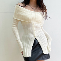 White Button Up Split Slash Neck Sweater  - Thumbnail 2