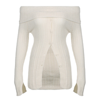 White Button Up Split Slash Neck Sweater  - Thumbnail 4