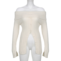 White Button Up Split Slash Neck Sweater  - Thumbnail 5