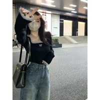 Black Bow Fluffy Square Collar Jumper  - Thumbnail 2