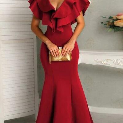 Floor length a line deep v layered ruffles evening dresses - Thumbnail 1