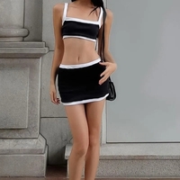 2PCS Black & White Patchwork Tank Top + Skirt  - Thumbnail 2