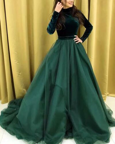 High Neck Long Sleeves Ball Gown Prom Dresses With Velvet 