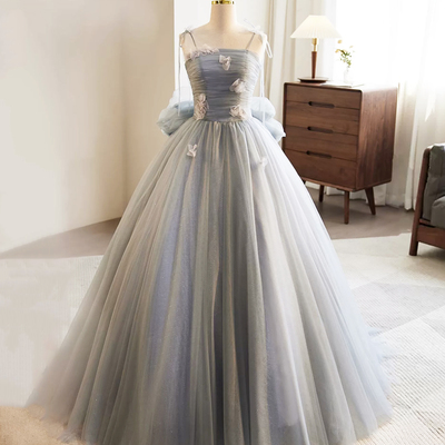 Gray spaghetti strap tulle long ball gown with bow - Thumbnail 2