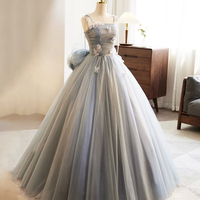 Gray Spaghetti Strap Tulle Long Ball Gown with Bow - Thumbnail 2