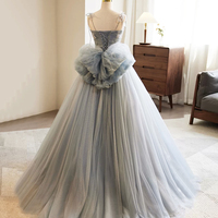 Gray Spaghetti Strap Tulle Long Ball Gown with Bow - Thumbnail 3