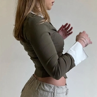 Polo Neck Low Cut Ruched Long Sleeve Crop Top - Thumbnail 2