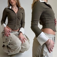 Polo Neck Low Cut Ruched Long Sleeve Crop Top - Thumbnail 1