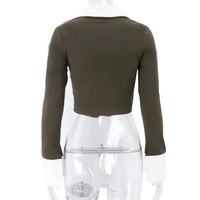 Polo Neck Low Cut Ruched Long Sleeve Crop Top - Thumbnail 6