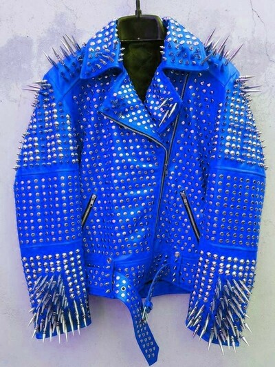 Classy Blue Gothic Emo Style Leather Studded Jacket with Silver Studs and Spikes
