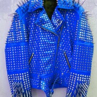 Classy Blue Gothic Emo Style Leather Studded Jacket with Silver Studs and Spikes - Thumbnail 1
