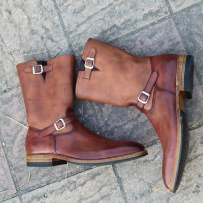 Crafted leather men brown leather buckle strap long cowboy military boot