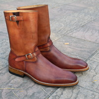 Crafted Leather Men Brown Leather Buckle Strap Long Cowboy Military Boot - Thumbnail 5