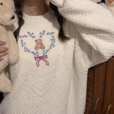 Heart Bear Flower Bow Embroidery Knit Sweater 