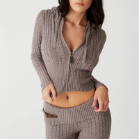 2PCS Twist Knit Hooded Zipper Sweater + Shorts  - Thumbnail 3