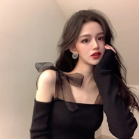 Black Bow Off Shoulder Mesh Sweater  - Thumbnail 1