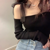 Black Bow Off Shoulder Mesh Sweater  - Thumbnail 3