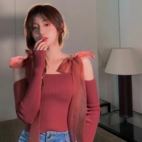 Black Bow Off Shoulder Mesh Sweater  - Thumbnail 4
