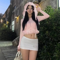 Pink Lace Ruffle Hem Cropped Zipper Hoodie  - Thumbnail 3