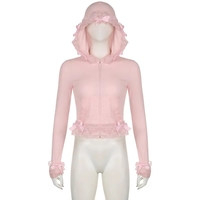 Pink Lace Ruffle Hem Cropped Zipper Hoodie  - Thumbnail 5