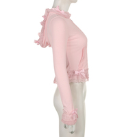 Pink Lace Ruffle Hem Cropped Zipper Hoodie  - Thumbnail 6