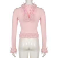 Pink Lace Ruffle Hem Cropped Zipper Hoodie  - Thumbnail 7