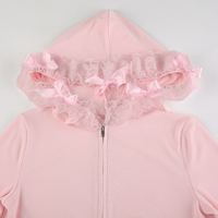 Pink Lace Ruffle Hem Cropped Zipper Hoodie  - Thumbnail 8