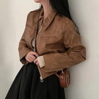 Brown PU Leather Turn Down Collar Zipper Jacket  - Thumbnail 2