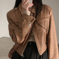 Brown PU Leather Turn Down Collar Zipper Jacket  - Thumbnail 7