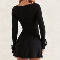 Black Square Neck Long Sleeve Mini Dress  - Thumbnail 5