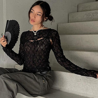 Black Mesh Lace Long Sleeve Shirt  - Thumbnail 4