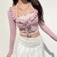 Purple & White Patchwork Ruffle Halter Crop Top - Thumbnail 2