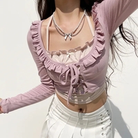 Purple & White Patchwork Ruffle Halter Crop Top - Thumbnail 3