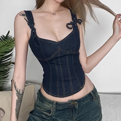 Blue Denim Corset Bandage Tank Top