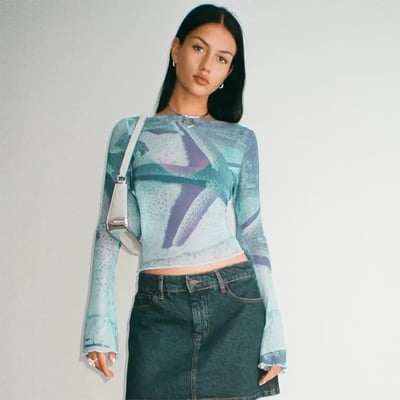 Starfish mesh graphic print flare long sleeve shirt  - Thumbnail 1